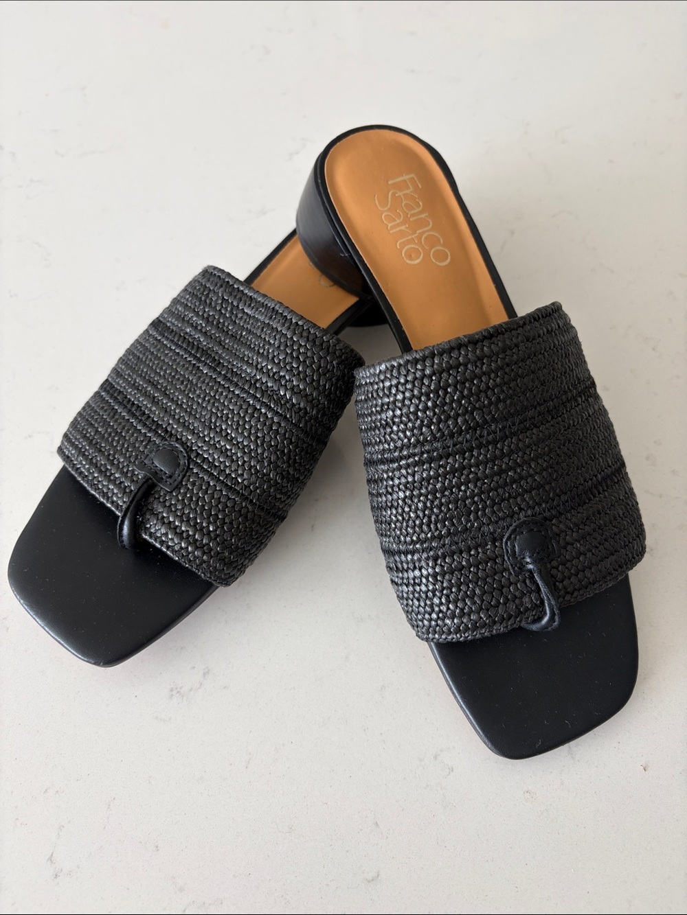 Franco Sarto Black Woven Square-Toe Slide Mules